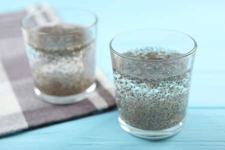 A glass of water with chia seeds. superfood, nutritional supplementsの写真素材