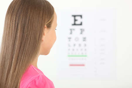 Cute little girl checks eyesight with an ophthalmologist. eyesight test