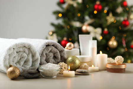 spa composition on the table and Christmas accessories. Skin careの写真素材