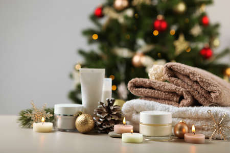 spa composition on the table and Christmas accessories. Skin careの写真素材