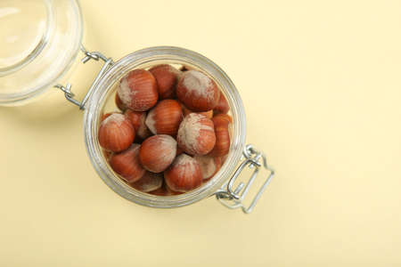 hazelnuts close-up on the table. Minimalism, place for textの写真素材
