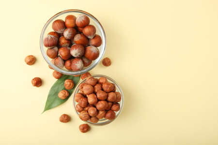 hazelnuts close-up on the table. Minimalism, place for textの写真素材