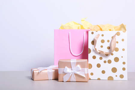 bags for shopping on a colored background. Paper bags for shopping.の写真素材