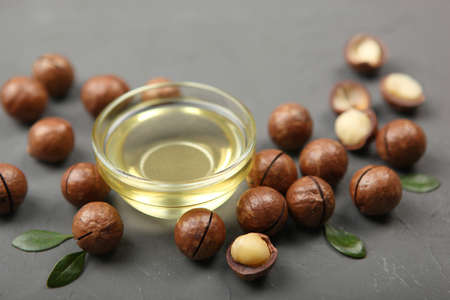 macadamia oil on the table. Minimalism, place for textの写真素材