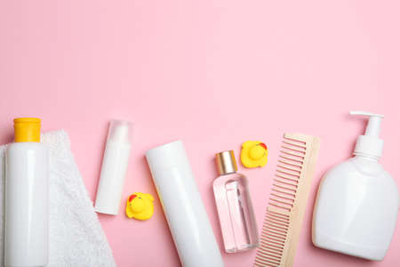 Baby care products on the table. Daily baby care products for skin care