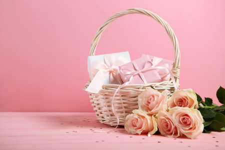 beautiful valentines day background on colored background with place for textの写真素材