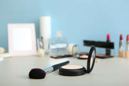 decorative cosmetics for makeup on a dressing table close-up.の写真素材