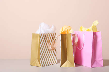 bags for shopping on a colored background. Paper bags for shopping.の写真素材