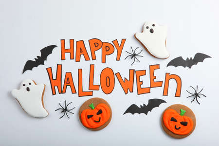 Halloween background with gingerbread and other sweets with place for textの写真素材