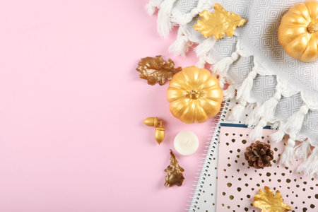 Beautiful stylish autumn background with golden leaves top view