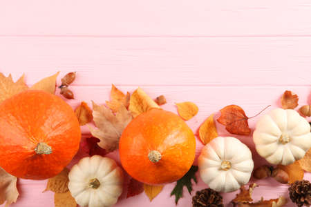 Beautiful autumn background with fallen leaves with place for text top view.の写真素材