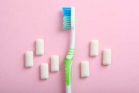 mint chewing gum and mint on the table. Fresh breath, oral careの写真素材