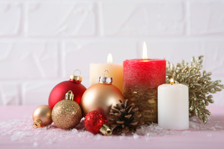 Festive Christmas background. Christmas decor on a colored background side view.の写真素材