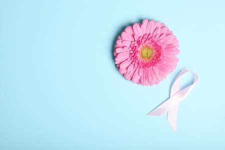 pink ribbon, gerbera and stethoscope on a colored background top view.の写真素材