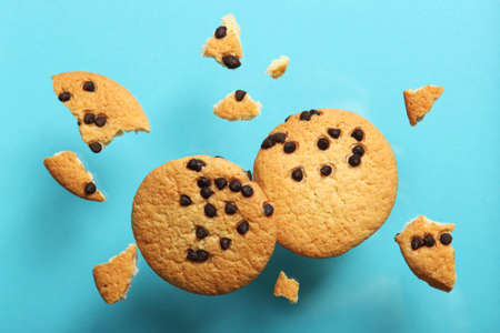 Delicious cookies with chocolate chips on a colored backgroundの写真素材