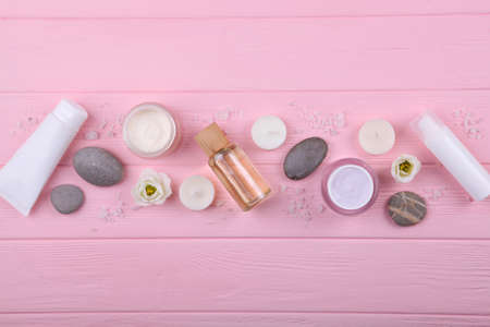 Beautiful spa composition on a colored background top view