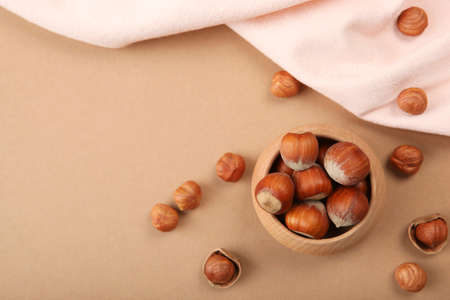 hazelnuts close-up on the table. Minimalism, place for textの写真素材