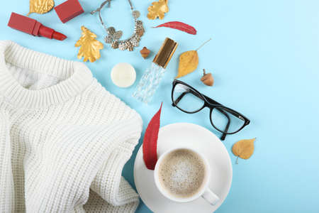 Beautiful stylish autumn background with golden leaves top viewの写真素材