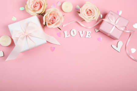 beautiful valentines day background on colored background with place for textの写真素材