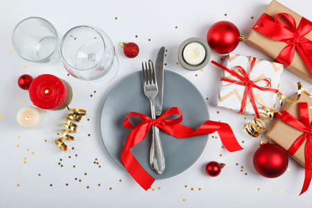 table setting for christmas or new year holiday top view. Mirimalism,