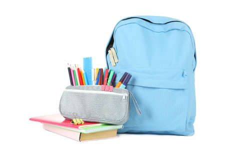 backpack and school stationery isolated on whiteの写真素材