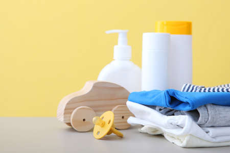 Baby care products on the table. Daily baby care products for skin care