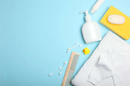 Baby care products on the table. Daily baby care products for skin careの写真素材