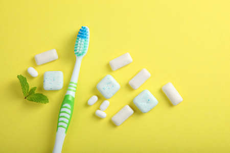 mint chewing gum and mint on the table. Fresh breath, oral careの写真素材