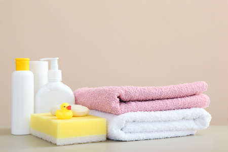 Baby care products on the table. Daily baby care products for skin care