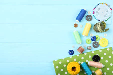 different sewing accessories on the table.の写真素材