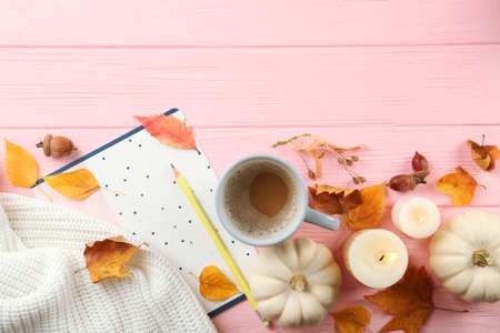 Beautiful autumn background with fallen leaves with place for text top view.の写真素材