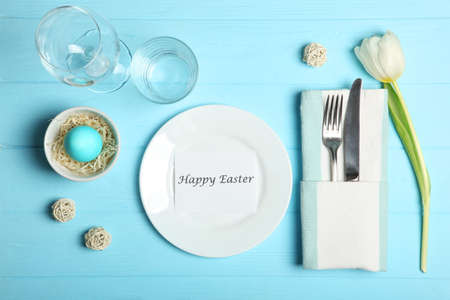 Beautiful easter table setting top view. Easter lunch.