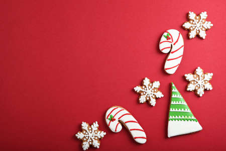 christmas cookies and christmas accessories top view.の写真素材