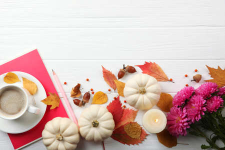 Beautiful autumn background with fallen leaves with place for text top view.の写真素材