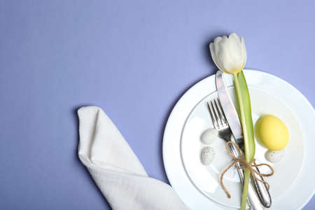 Beautiful easter table setting top view. Easter lunch.