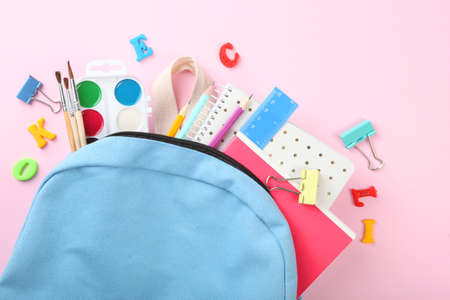 School office on a colored background top view.
