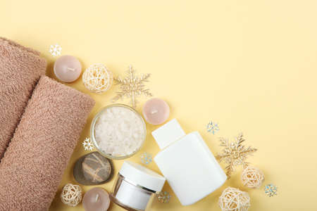 spa composition on the table and Christmas accessories. Skin care
