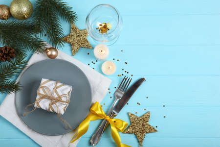 table setting for christmas or new year holiday top view. Mirimalism,の写真素材