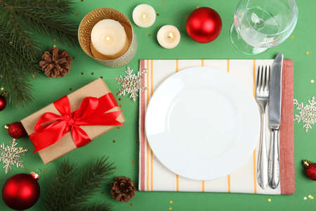 table setting for christmas or new year holiday top view. Mirimalism,の写真素材