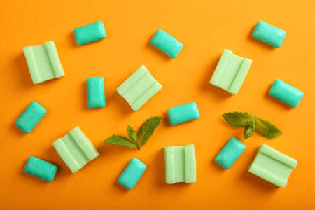 mint chewing gum and mint on the table. Fresh breath, oral care