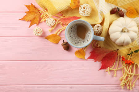 Beautiful autumn background with fallen leaves with place for text top view.の写真素材