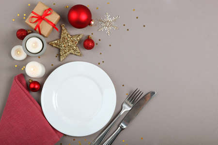 table setting for christmas or new year holiday top view. Mirimalism,の写真素材