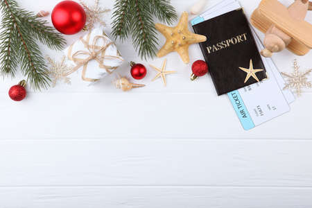 plane tickets and Christmas accessories. Christmas holidays, vacationの写真素材