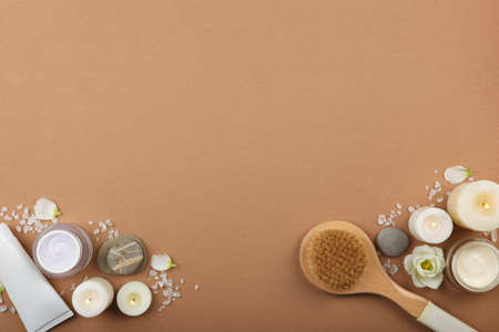 Beautiful spa composition on a colored background top viewの写真素材