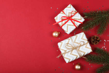 Set of beautifully wrapped gift boxes and Christmas decor .