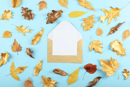 Beautiful stylish autumn background with golden leaves top viewの写真素材
