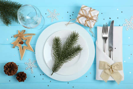 table setting for christmas or new year holiday top view. Mirimalism,の写真素材