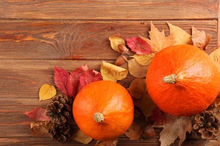 Beautiful autumn background with fallen leaves with place for text top view.の写真素材