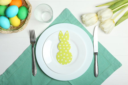 Beautiful easter table setting top view. Easter lunch.