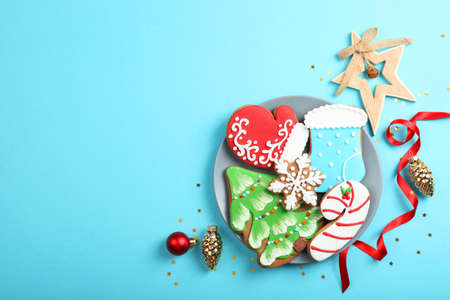 christmas cookies and christmas accessories top view.の写真素材